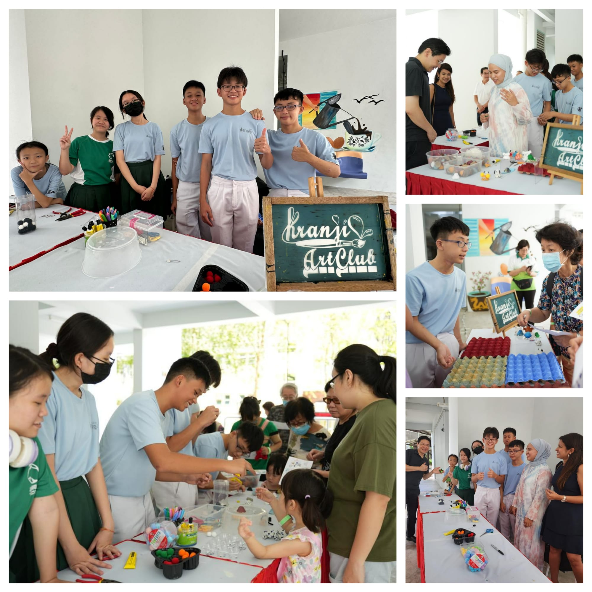 Students and visitors participate in a Kranji Art Club event, doing crafts at tables with art supplies.